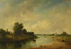 Alfred Vickers Sr., A river landscape with cattle watering and a windmill in the distance, oil on canvas