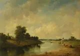 Alfred Vickers Sr., A river landscape with cattle watering and a windmill in the distance, oil on canvas
