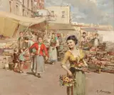 Mario Maresca, A market scene with a girl carrying baskets of fruit, oil on canvas