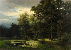 A deer in a forest clearing by German School, oil on canvas laid down on masonite, sold Sep 2012