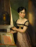 A portrait of a young woman standing next to an urn on a pedestal by French School, oil on canvas, offered Sep 2012