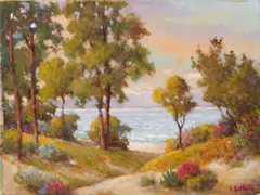 Herbert Sartelle, Seascape; Flowering Hills; Desert with Purple Hills; Desert with Cactus, Mountain Road (4), oil on canvas