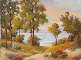 Herbert Sartelle, Seascape; Flowering Hills; Desert with Purple Hills; Desert with Cactus, Mountain Road (4), oil on canvas