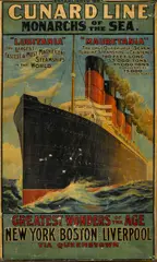 Wine, Cunard Line, Monarchs of the Sea, Lusitania and Mauretania, c. 1907, Offset lithograph in colors on wove paper backed with linen