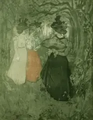 Manuel Robbe, Trois femmes conversant dans un sous-boi, c. 1910, Aquatint in colors on wove paper