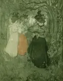 Manuel Robbe, Trois femmes conversant dans un sous-boi, c. 1910, Aquatint in colors on wove paper