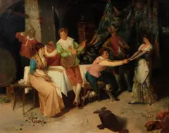 Figures carousing in an interior by Augusto Bompiani, oil on canvas, sold Aug 2012