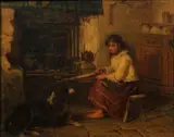James Cole, A girl and a dog in a cottage interior, oil on canvas