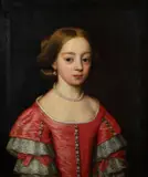 Dutch School, A portrait of a young woman, half-length, in a red dress and pearl necklace