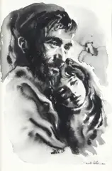 Portrait of man and young girl by Sandu Liberman, pencil, ink and wash on paper, offered Aug 2012