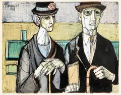 Lucio Ranucci, Portrait of an elderly couple, ink, watercolor, gouache, pencil, newspaper collage on paper
