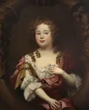 Mary Beale, A portrait of a young girl, half-length, wearing a white dress with a red robe, holding a sprig of flowers, oil on canvas
