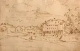 Annibale Carracci, A landscape with a building and figures, pen and ink on paper