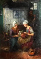 Carl Duxa, A kitchen interior with three figures, oil on canvas