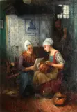 Carl Duxa, A kitchen interior with three figures, oil on canvas