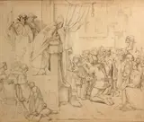English School, The pope preaching in a town in Medieval times, pen and ink on paper laid down on board