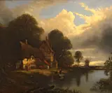 A cottage with a windmill in the distance; A cottage in a hilly landscape (2) by English School, first oil on panel; second oil on board, sold Aug 2012