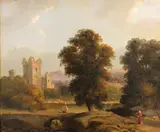 A river landscape with ruins of a church by English School, oil on canvas, sold Aug 2012