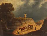 English School, A landscape with a horse cart and figures on a track and a windmill in the distance