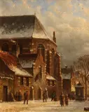 Adrianus Eversen, A Dutch street with figures passing a church, oil on panel