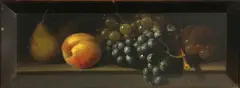 Giuseppe Falchetti, A still life with grapes and other fruit; A still life with peaches, plums and a book (a pair), first, oil on metal; second, oil on panel