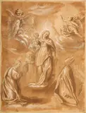 Flemish School, The Virgin of the Rosary, pencil and sepia wash heightened with white on paper laid down on heavy card