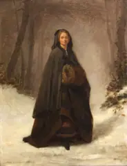 Pierre Édouard Frère, A woman in the snow, oil on panel