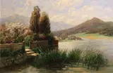 Theodor Her, A garden at river's edge with mountains in the distance, oil on canvas