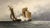 A naval combat by Jean Francois D' Ivernois, oil on canvas, sold Aug 2012