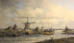 Windmills by Zevenhuisen, South Holland by Marinus Johannes Drulman, oil on canvas, offered Aug 2012