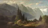 Carl Jungheim, Figures and cattle on a path near an alpine lake, oil on canvas