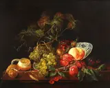 Stanislaw Kostka, A still life of fruit in a bowl resting on a table, oil on canvas