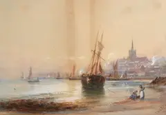 Robert Malcolm Lloyd, A harbour view at evening, pencil and watercolor on paper heightened with white