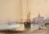 Robert Malcolm Lloyd, A harbour view at evening, pencil and watercolor on paper heightened with white