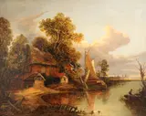 Joseph Paul, A cottage by a river with boats and figures, oil on canvas
