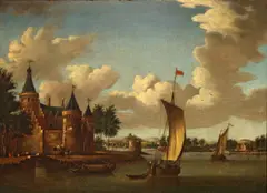 Jacobus Storck, A river landscape with a castle on the shore, oil on canvas