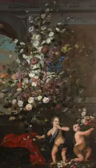 called Dapper Franz Werner von Tamm, A still life of flowers in a decorated vase resting on a balustrade and two putti, oil on canvas