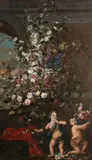 called Dapper Franz Werner von Tamm, A still life of flowers in a decorated vase resting on a balustrade and two putti, oil on canvas