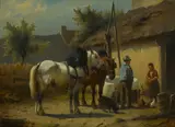 Wouter Verschuur II, Figures and two horses outside of a barn, oil on panel