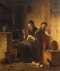 Hermann  Werner, Playing with the kitten, oil on canvas
