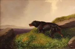 Dog on a hill by G. Garland, oil on canvas, sold Aug 2012
