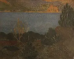 Bruce Porter, Trees on a lake, oil on canvas board