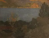 Bruce Porter, Trees on a lake, oil on canvas board