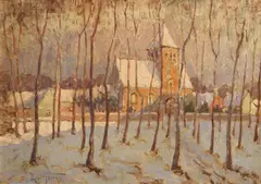 René Gevers, Church in the snow, oil on canvas