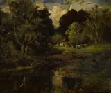 William Keith, Landscape with trees, pond and cottage, oil on paperboard affixed to panel