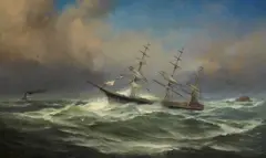 Three masted clipper in rough seas with tug in the distance by Gideon Jacques Denny, 1880, oil on canvas, sold Aug 2012