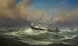 Gideon Jacques Denny, Three masted clipper in rough seas with tug in the distance, 1880, oil on canvas