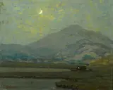 Mount Tamalpais in moonlight with a moored vessel in the marshes below by Granville Redmond, oil on canvas, sold Aug 2012