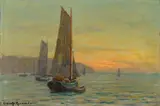 Sailboats at sunset by Granville Redmond, oil on canvas board, sold Aug 2012