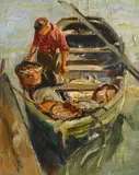 Maurice Logan, Fisherman bringing in his catch, oil on board